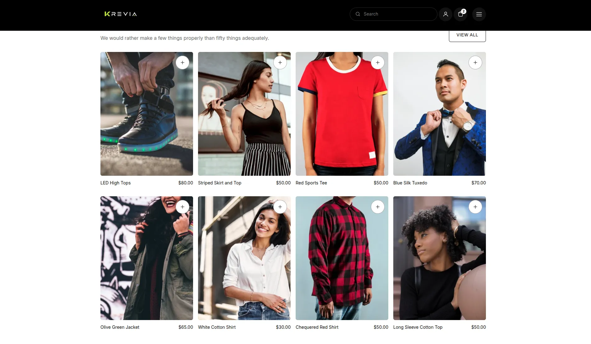 Krevia storefront — collection