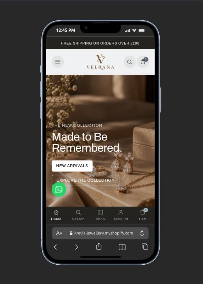 Krevia storefront — mobile